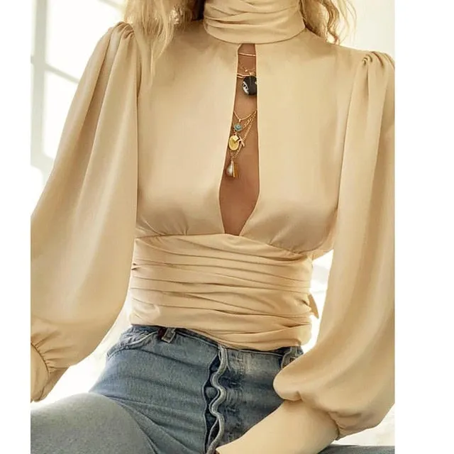 2021 Satin Silk Women Blouse Sexy Hollow Out Front Long Sleeve Sizes S - XL