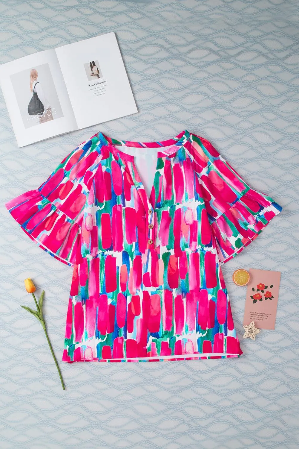 Abstract Hot Pink Brushwork Print Buttoned V Neck Summer Blouse