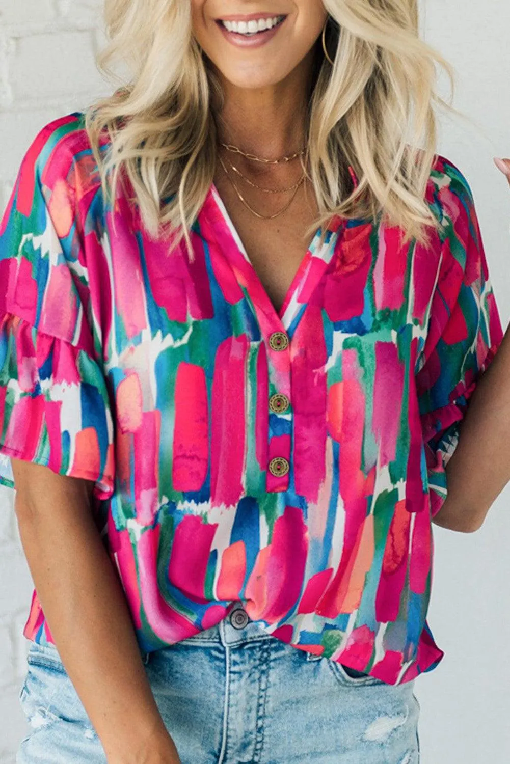 Abstract Hot Pink Brushwork Print Buttoned V Neck Summer Blouse