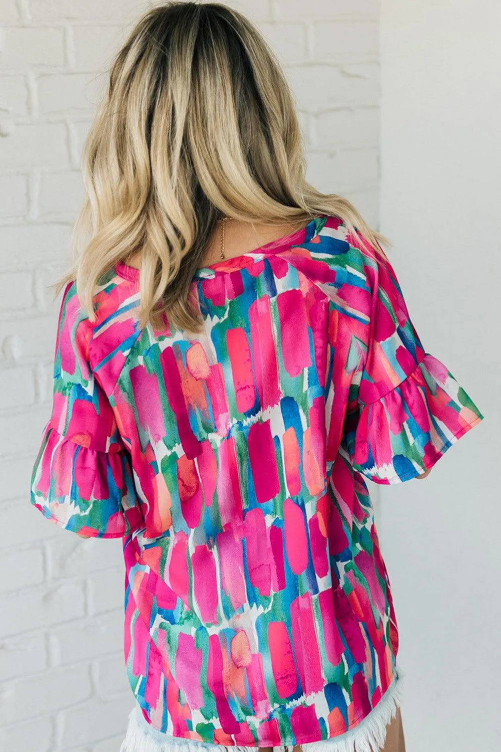 Abstract Hot Pink Brushwork Print Buttoned V Neck Summer Blouse