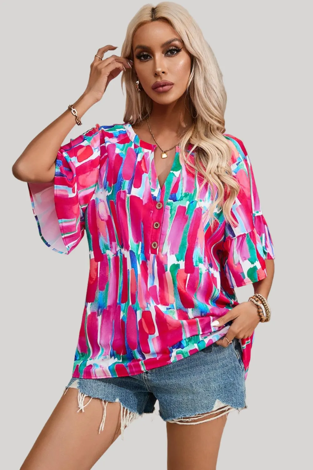 Abstract Hot Pink Brushwork Print Buttoned V Neck Summer Blouse