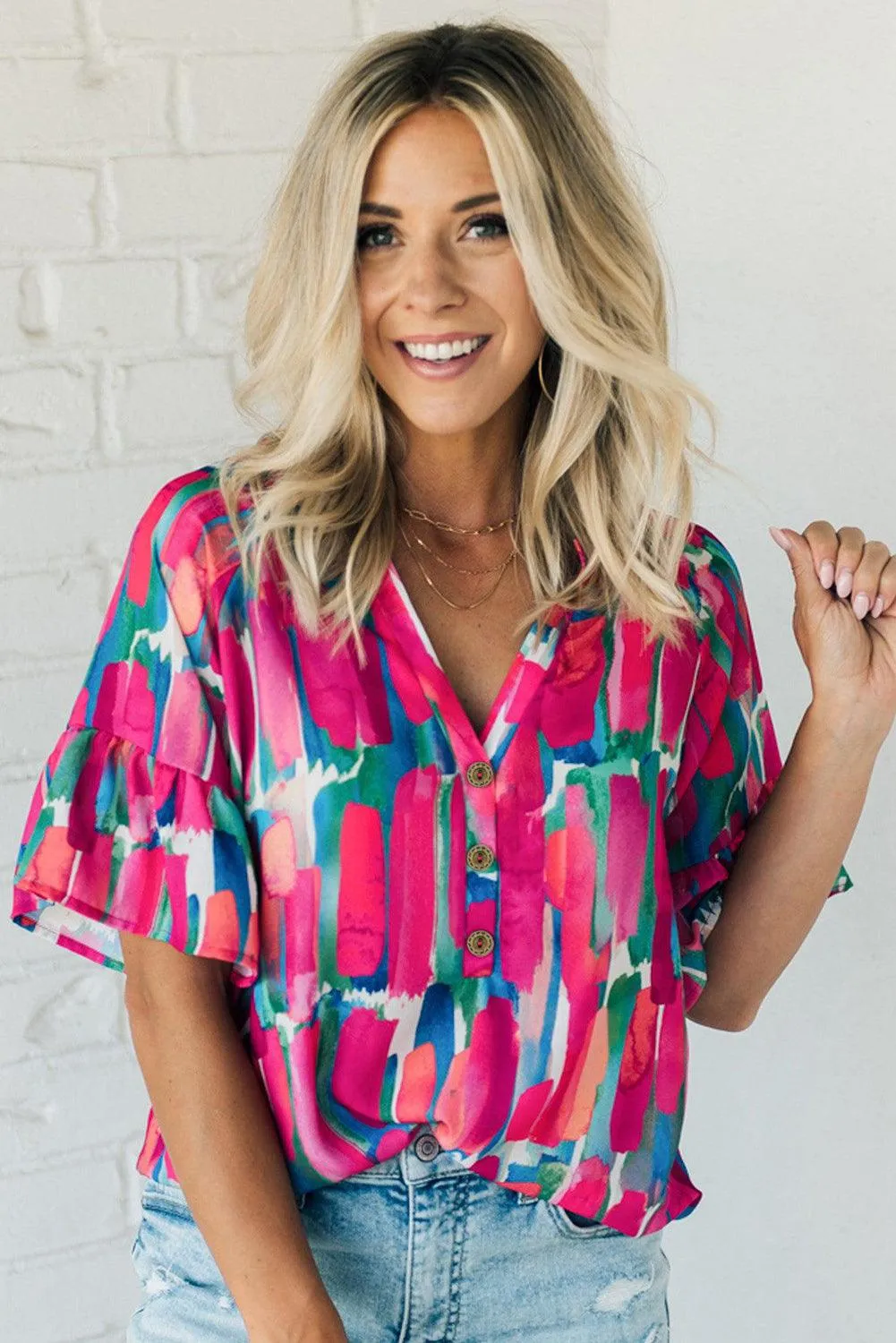 Abstract Hot Pink Brushwork Print Buttoned V Neck Summer Blouse