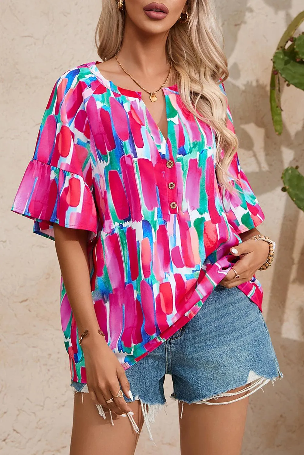 Abstract Hot Pink Brushwork Print Buttoned V Neck Summer Blouse