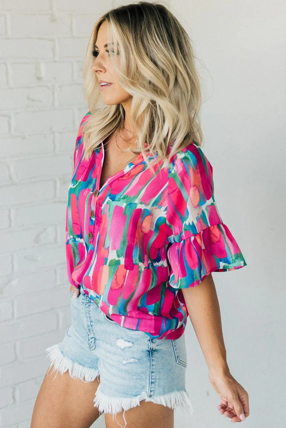 Abstract Hot Pink Brushwork Print Buttoned V Neck Summer Blouse