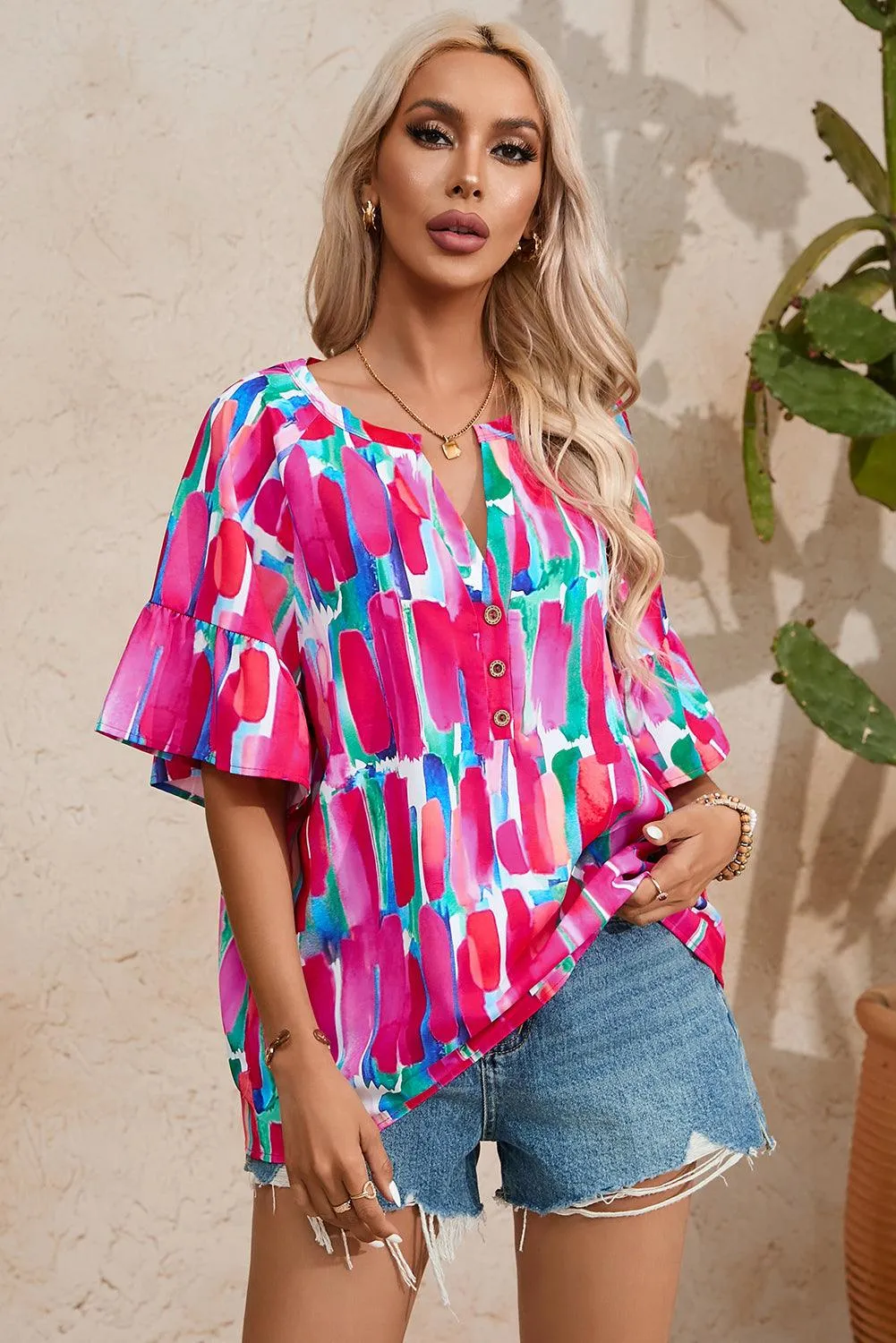 Abstract Hot Pink Brushwork Print Buttoned V Neck Summer Blouse