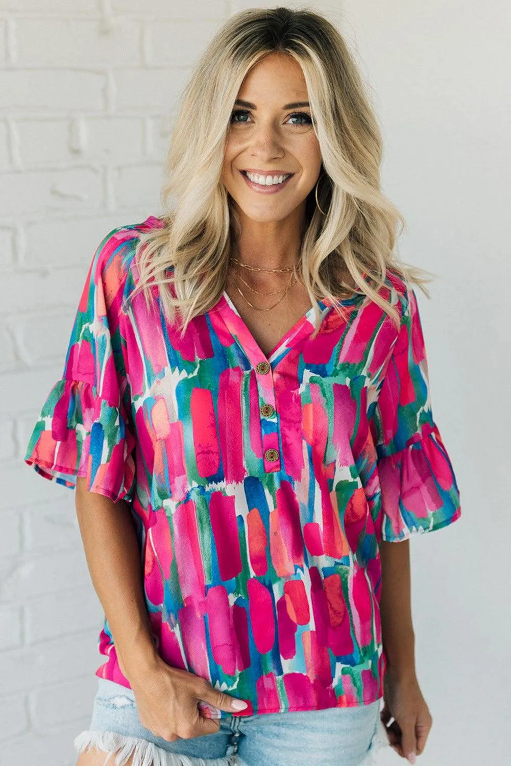 Abstract Hot Pink Brushwork Print Buttoned V Neck Summer Blouse