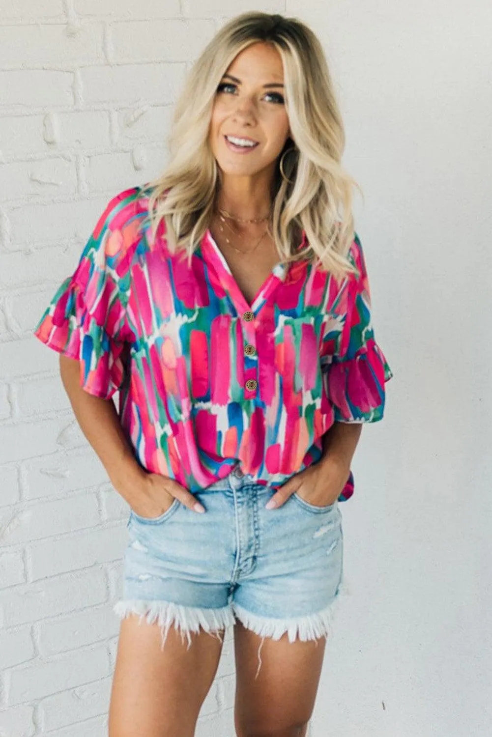 Abstract Hot Pink Brushwork Print Buttoned V Neck Summer Blouse