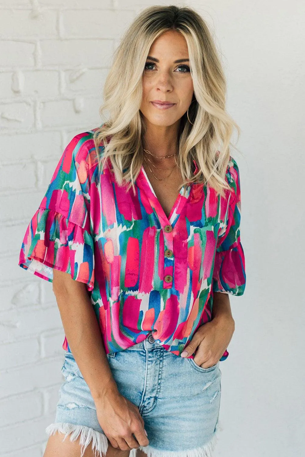 Abstract Hot Pink Brushwork Print Buttoned V Neck Summer Blouse