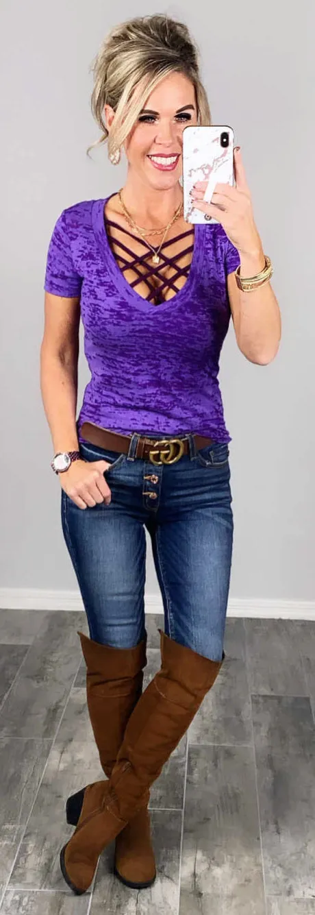 BASIC BURNOUT DEEP V-NECK TEE - PURPLE