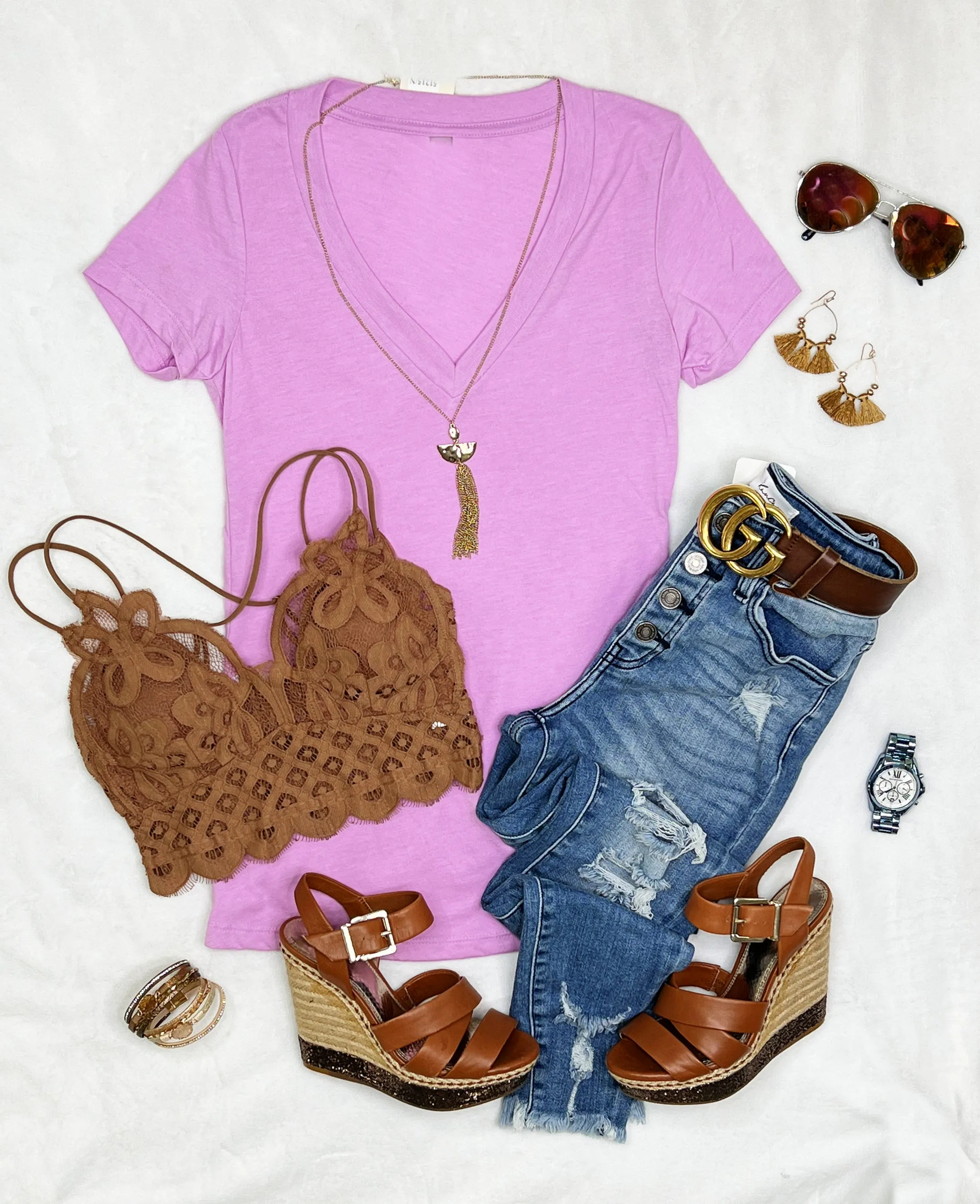 BASIC SHORT SLEEVE DEEP V TEE - LILAC