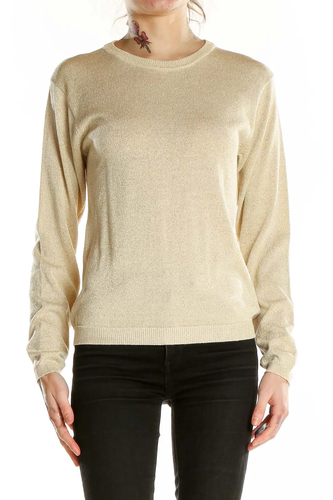 Beige Metallic Silk Knit Sweater