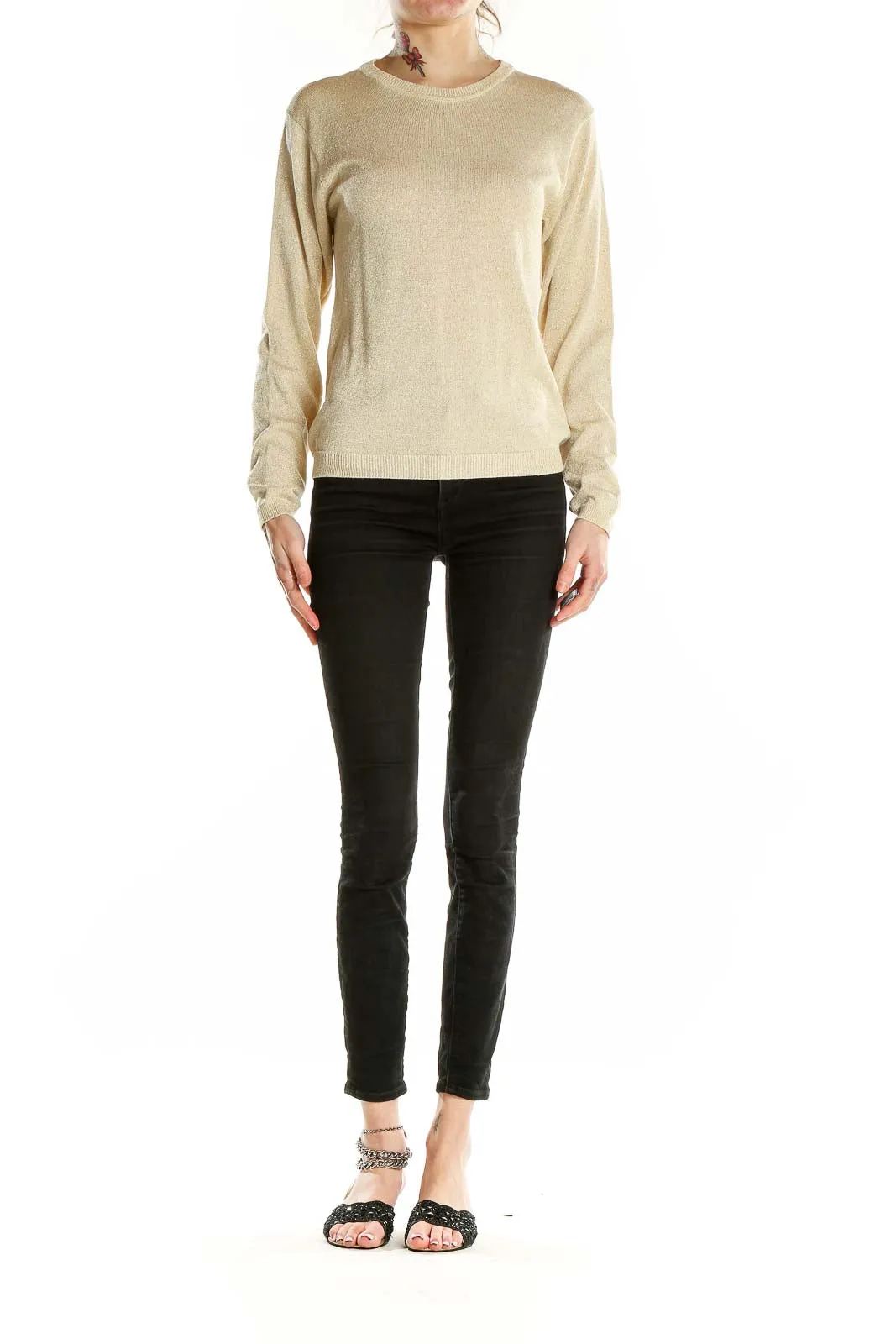 Beige Metallic Silk Knit Sweater