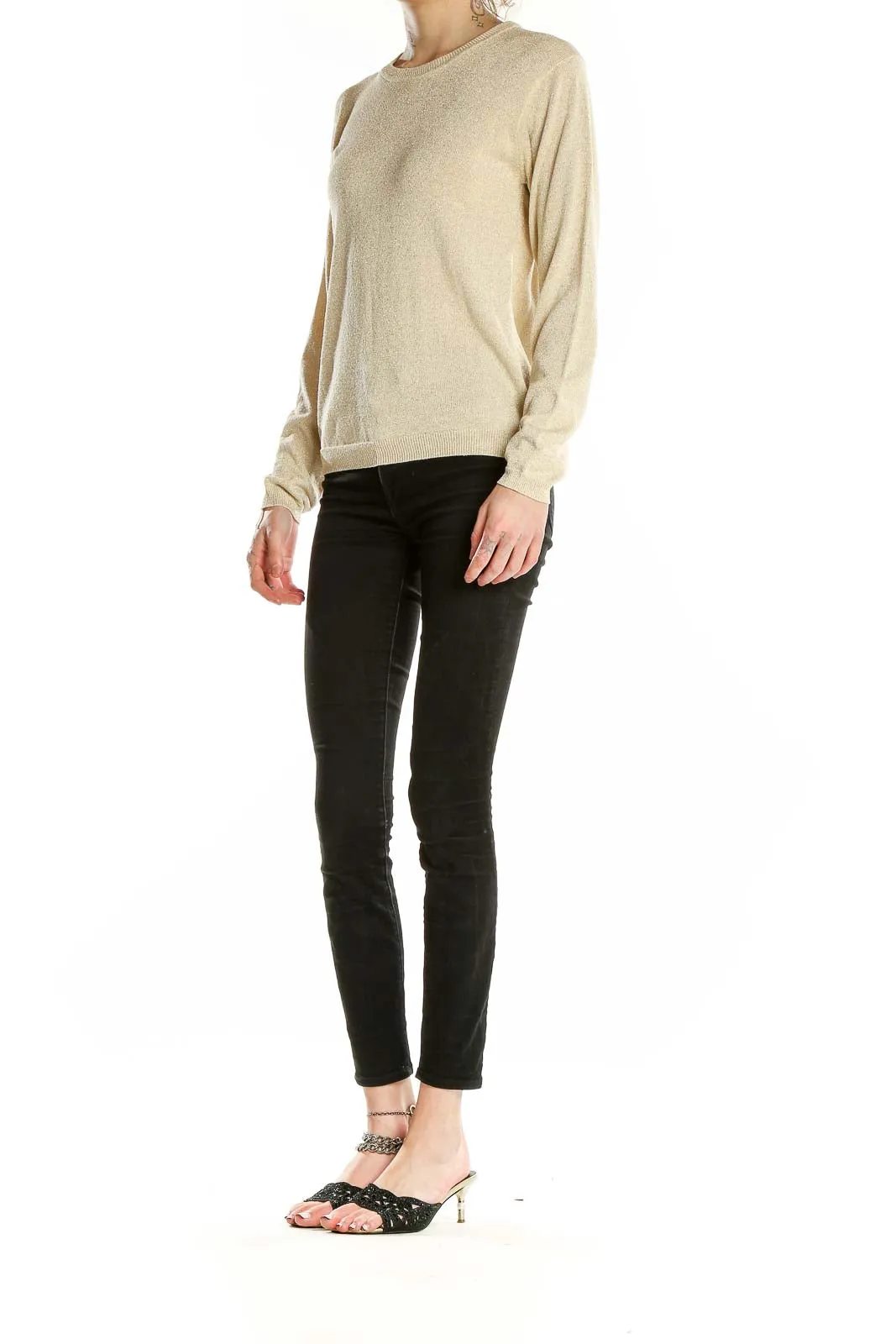 Beige Metallic Silk Knit Sweater