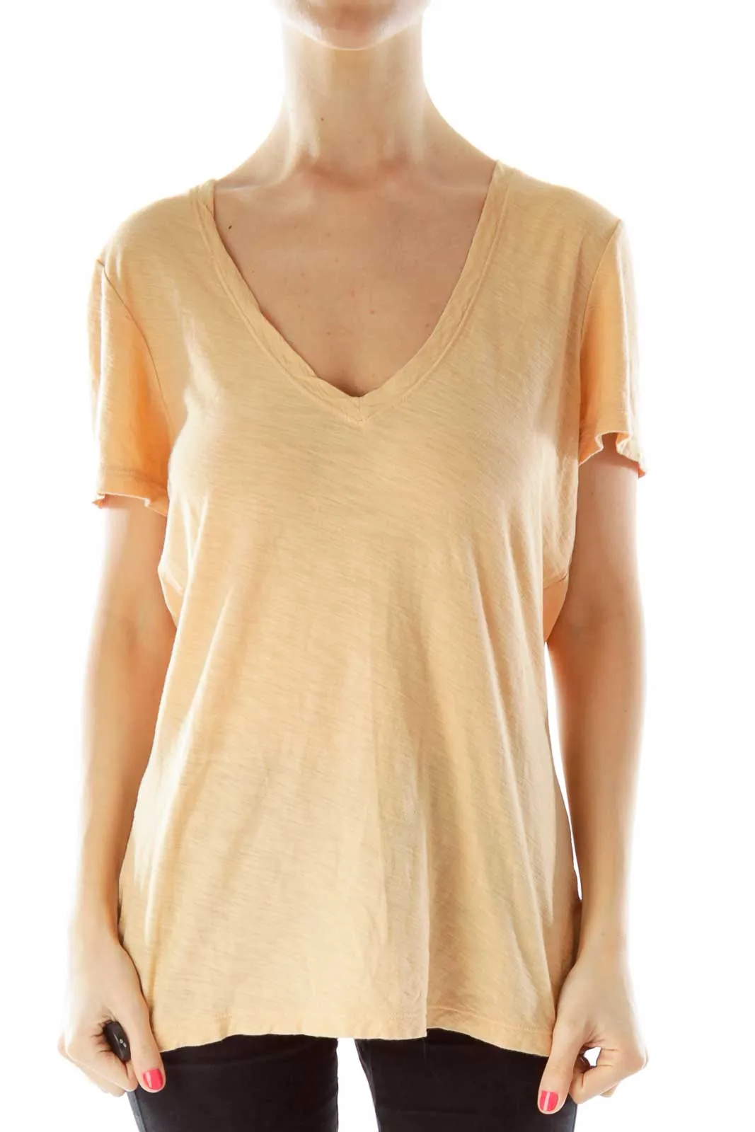 Beige V-Neck Linen T-Shirt