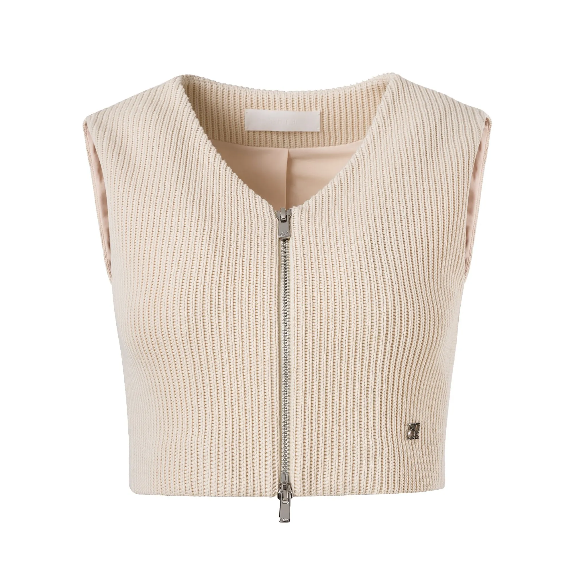 Beige V-neck Tweed Vest