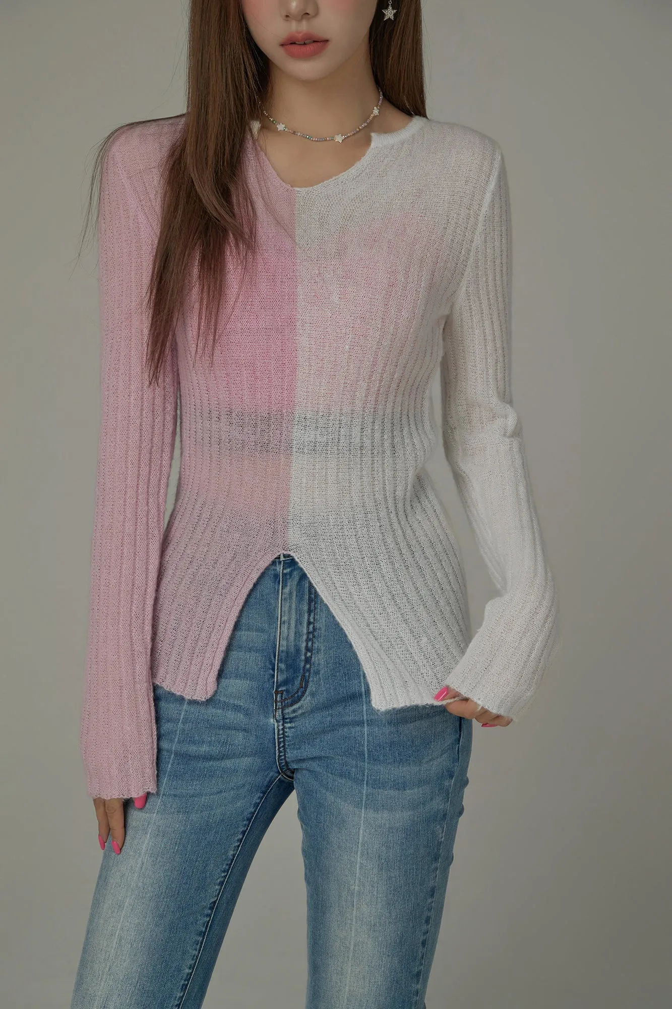 Bicolor Block Long Sleeves Knit Sweater