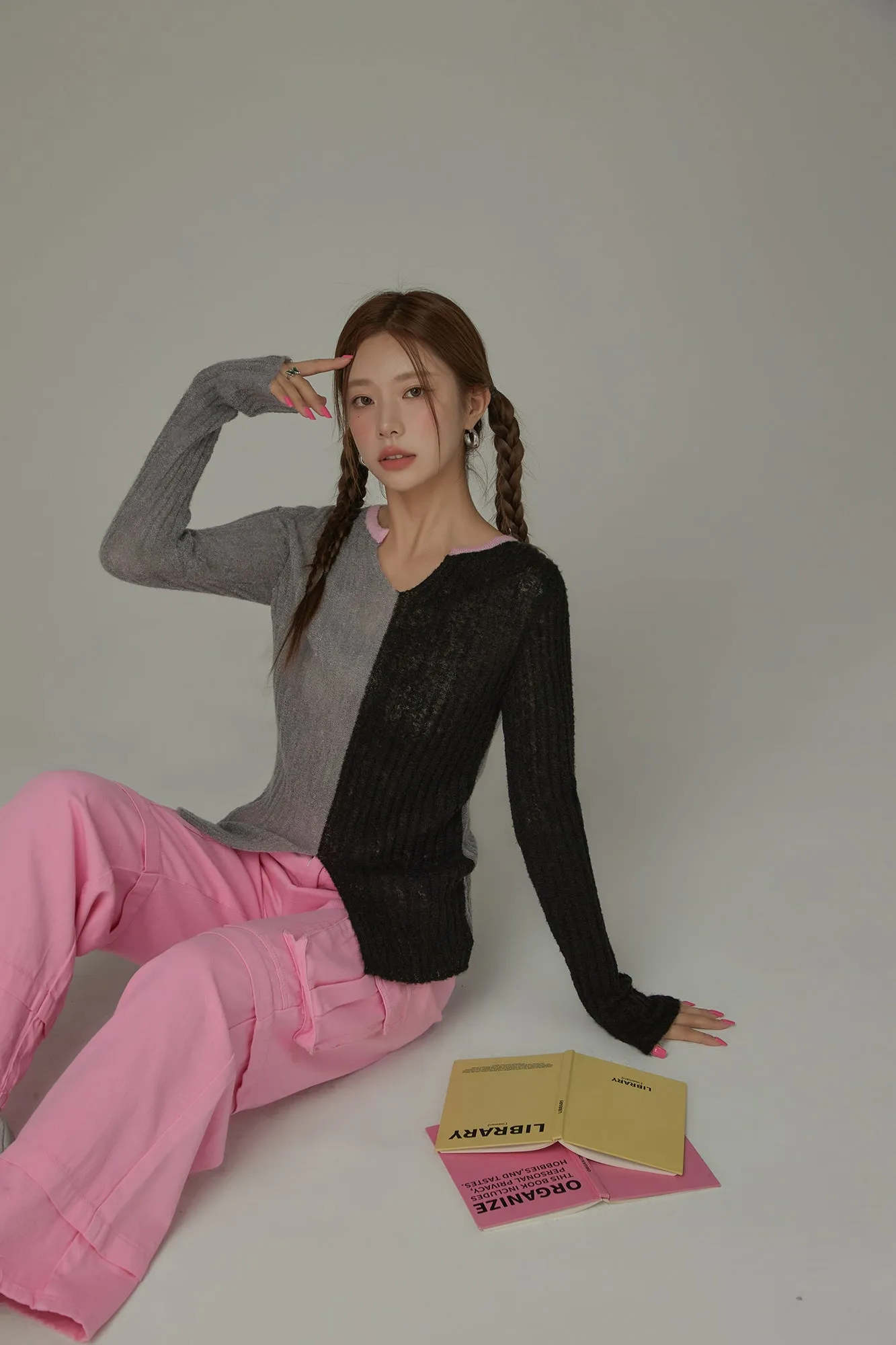 Bicolor Block Long Sleeves Knit Sweater