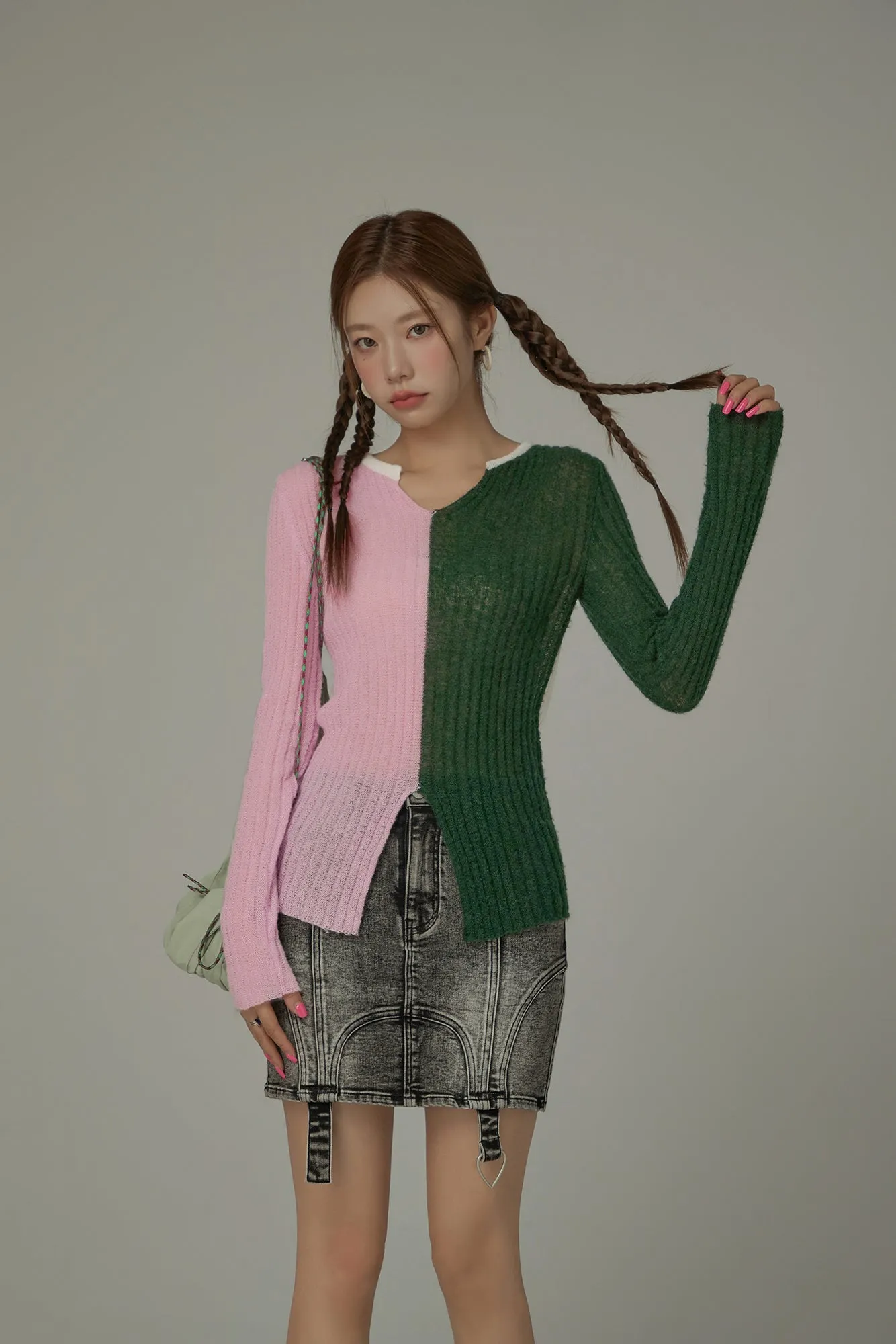 Bicolor Block Long Sleeves Knit Sweater