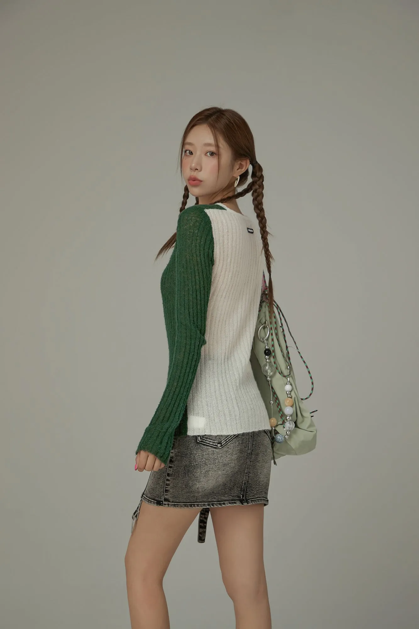 Bicolor Block Long Sleeves Knit Sweater