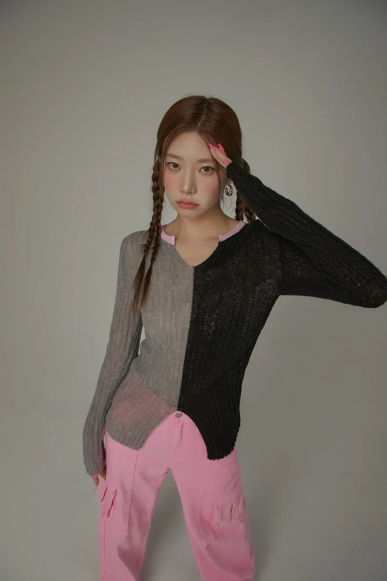 Bicolor Block Long Sleeves Knit Sweater