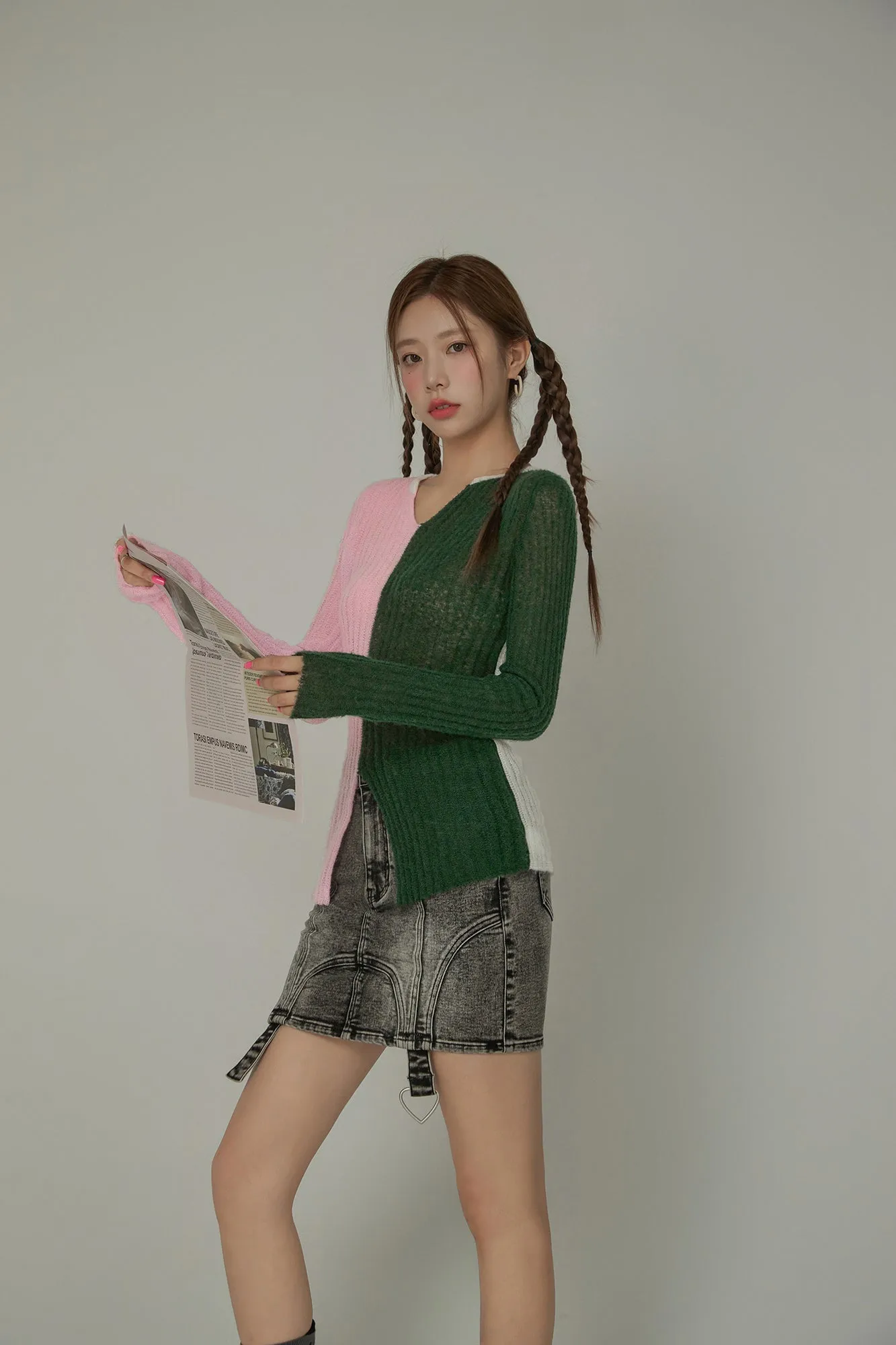 Bicolor Block Long Sleeves Knit Sweater