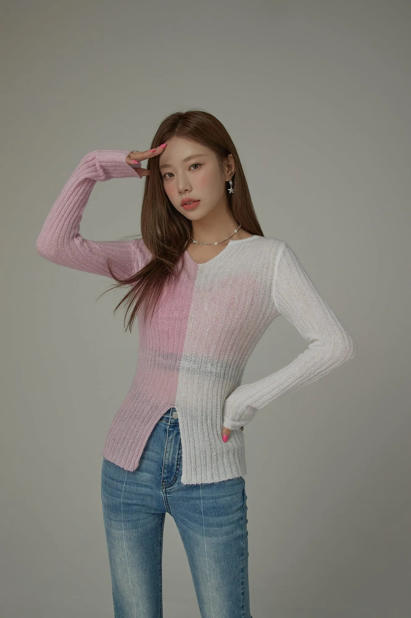 Bicolor Block Long Sleeves Knit Sweater