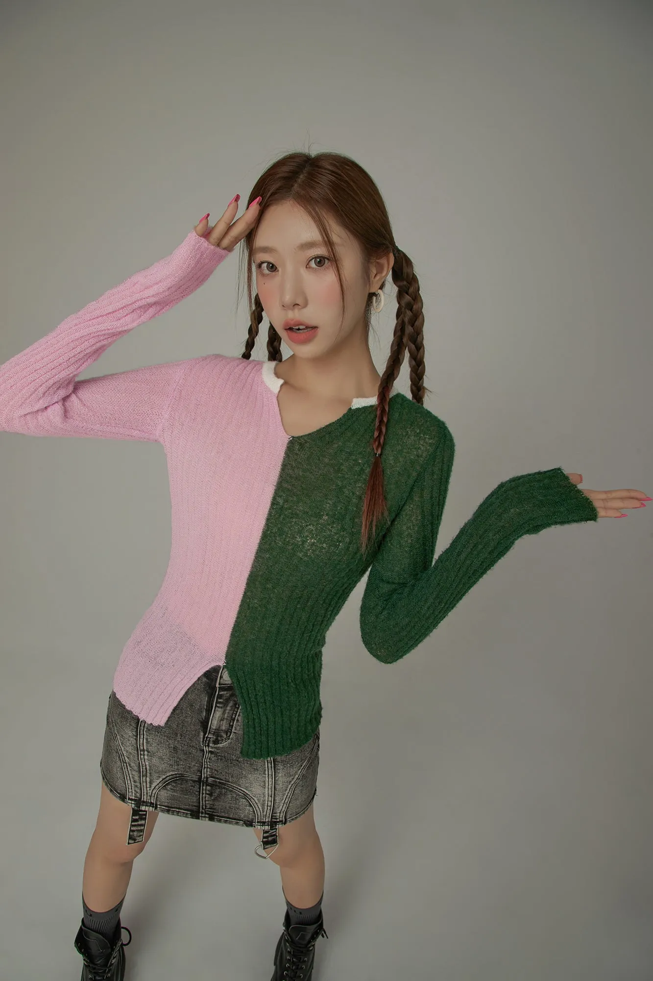 Bicolor Block Long Sleeves Knit Sweater