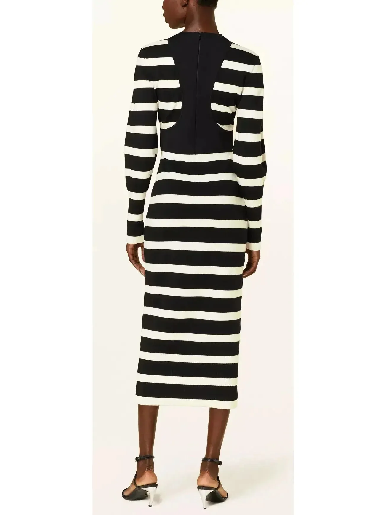 Black and White Striped Wool-Blend Midi Dress