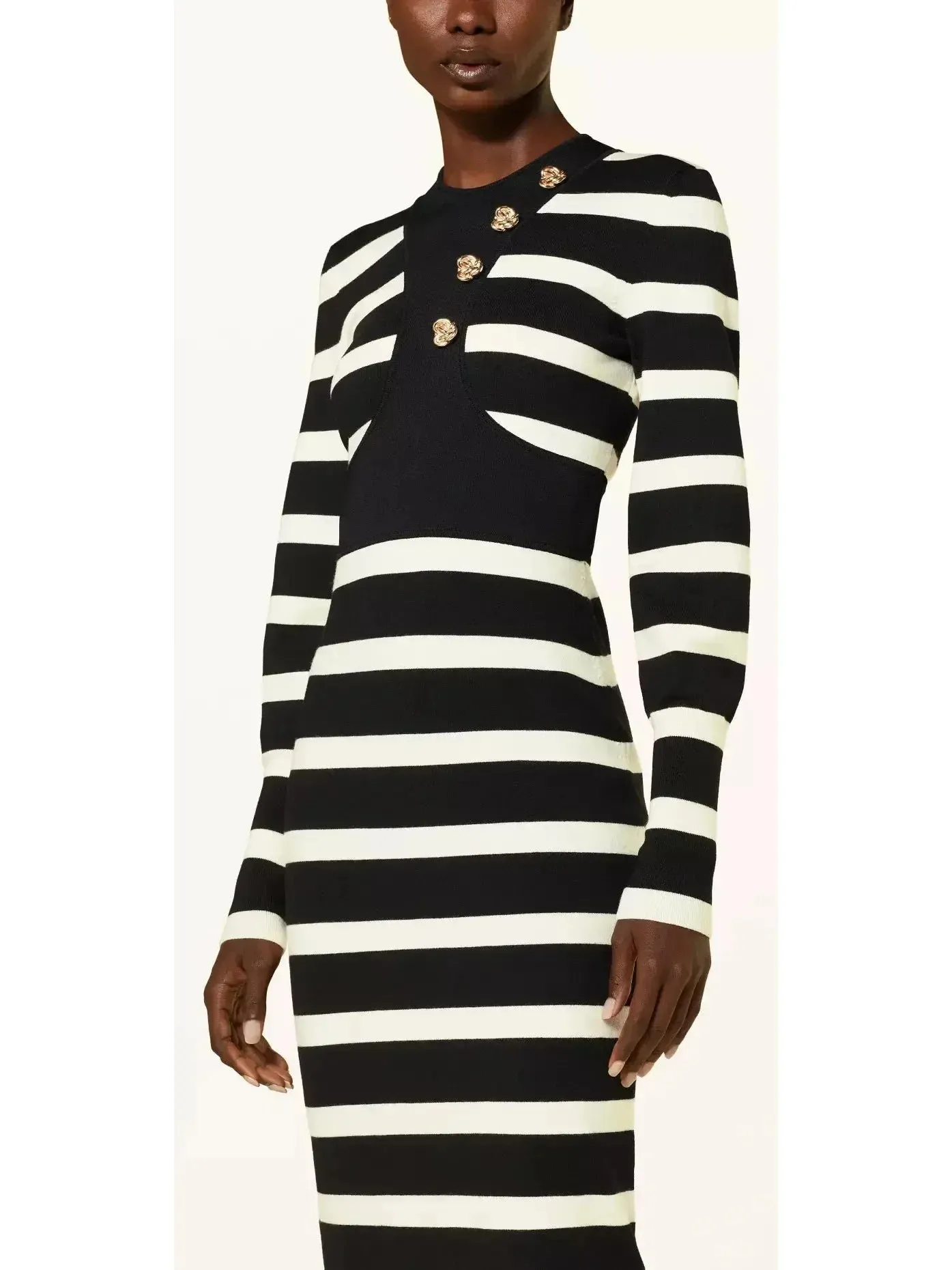 Black and White Striped Wool-Blend Midi Dress