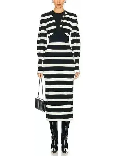 Black and White Striped Wool-Blend Midi Dress