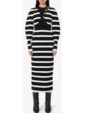 Black and White Striped Wool-Blend Midi Dress