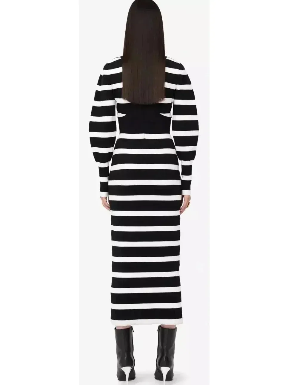 Black and White Striped Wool-Blend Midi Dress