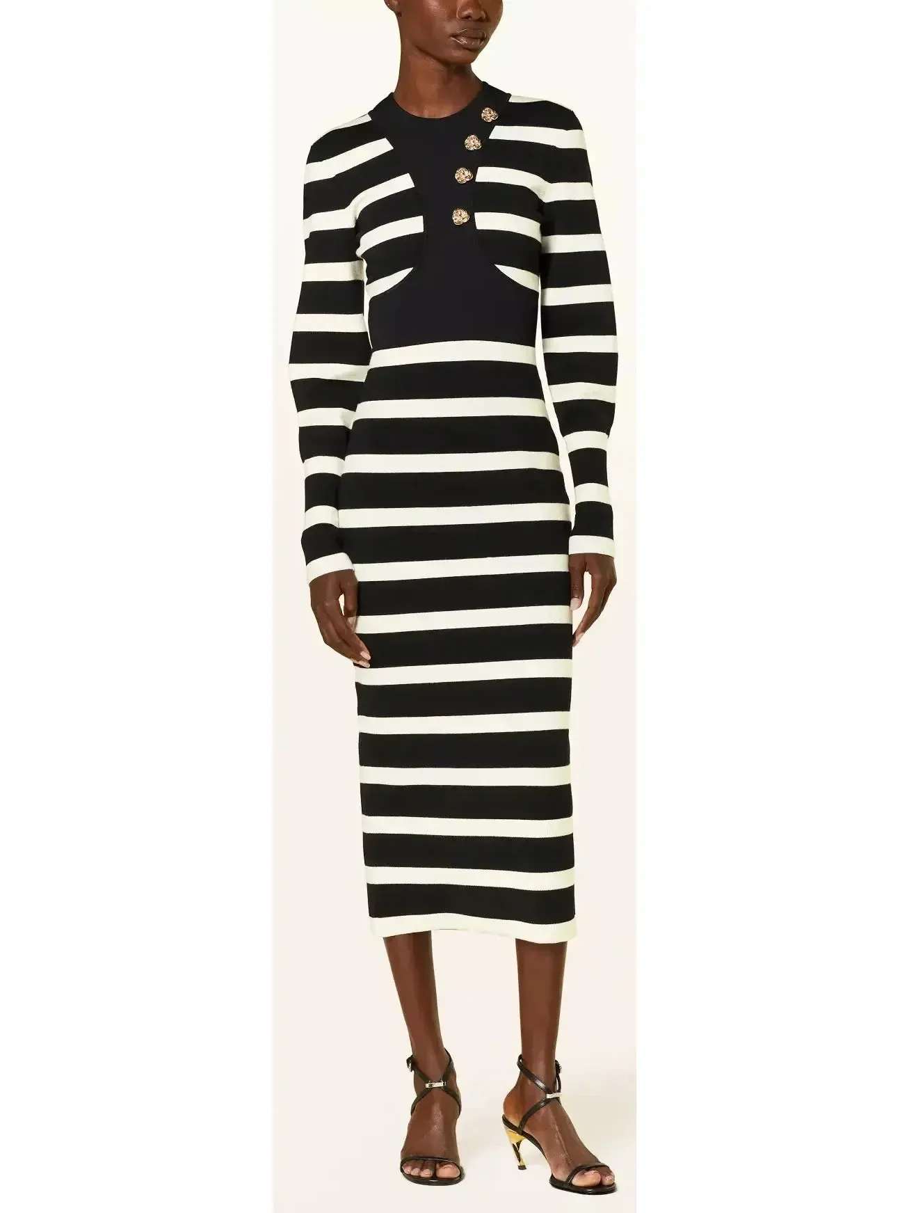 Black and White Striped Wool-Blend Midi Dress