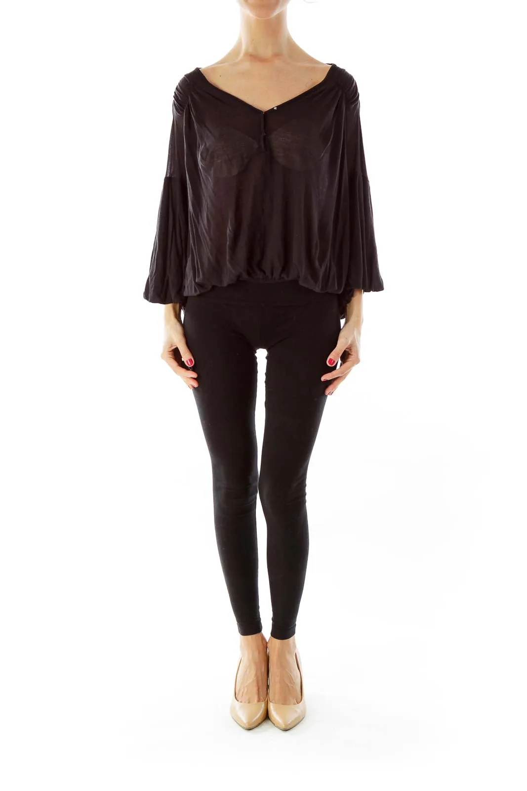 Black Flowy V-Neck Batwing Top