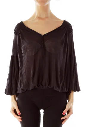 Black Flowy V-Neck Batwing Top