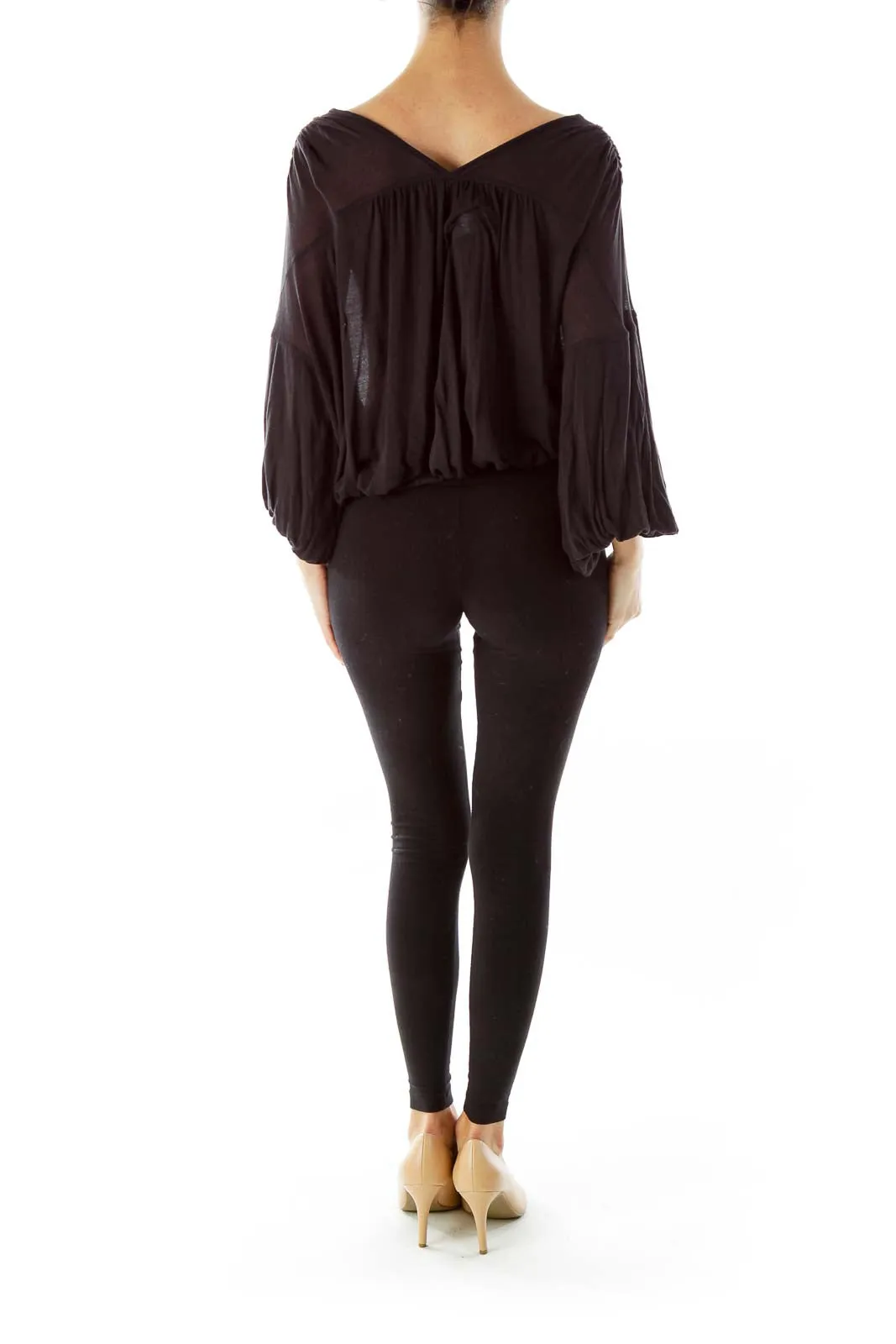 Black Flowy V-Neck Batwing Top