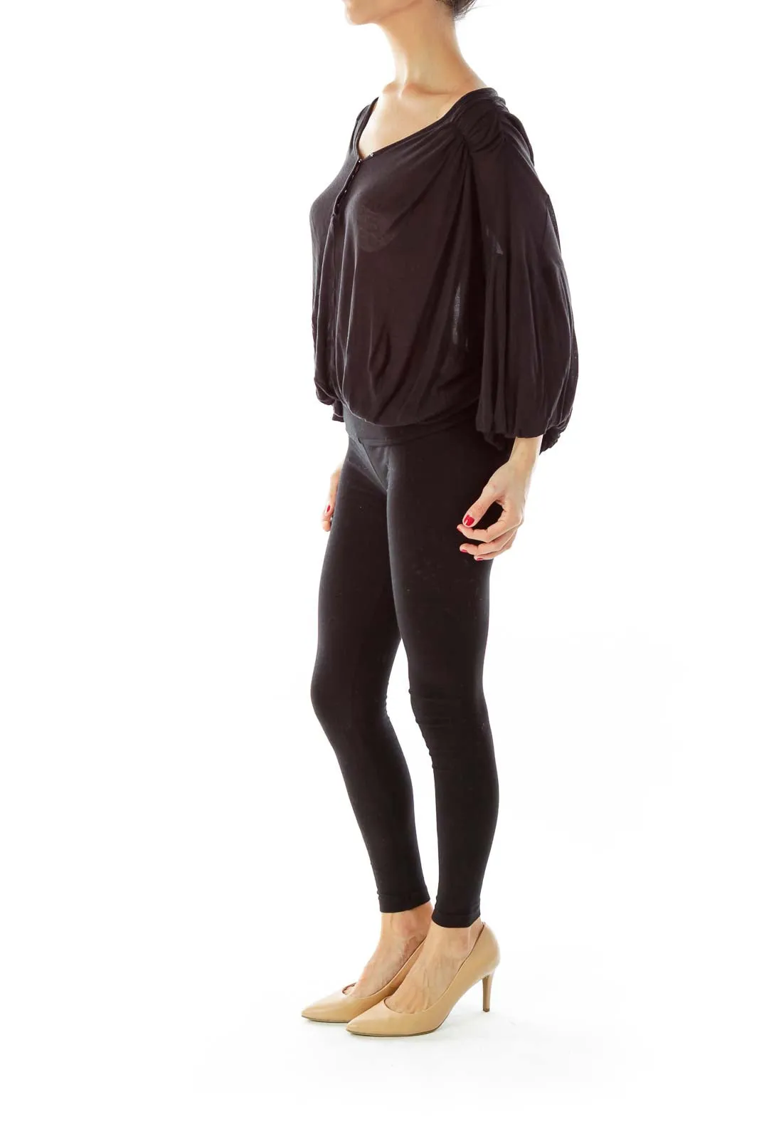 Black Flowy V-Neck Batwing Top