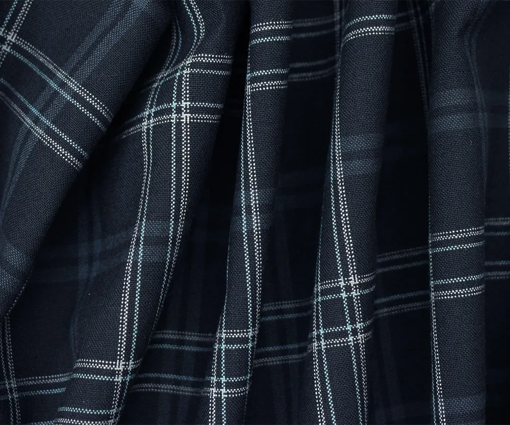 Black-Light Blue-Multi Poly Wool Plaid Woven Shirting Fabric