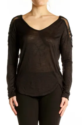 Black Sheer Long Sleeve V-Neck Top