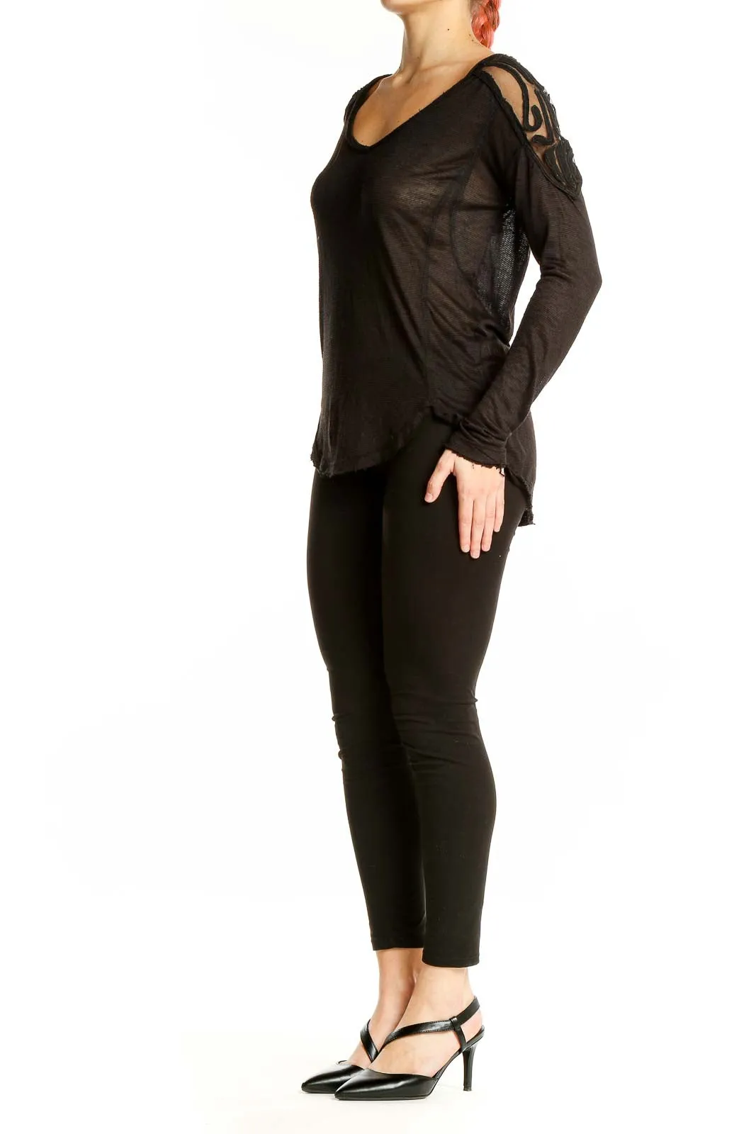 Black Sheer Long Sleeve V-Neck Top