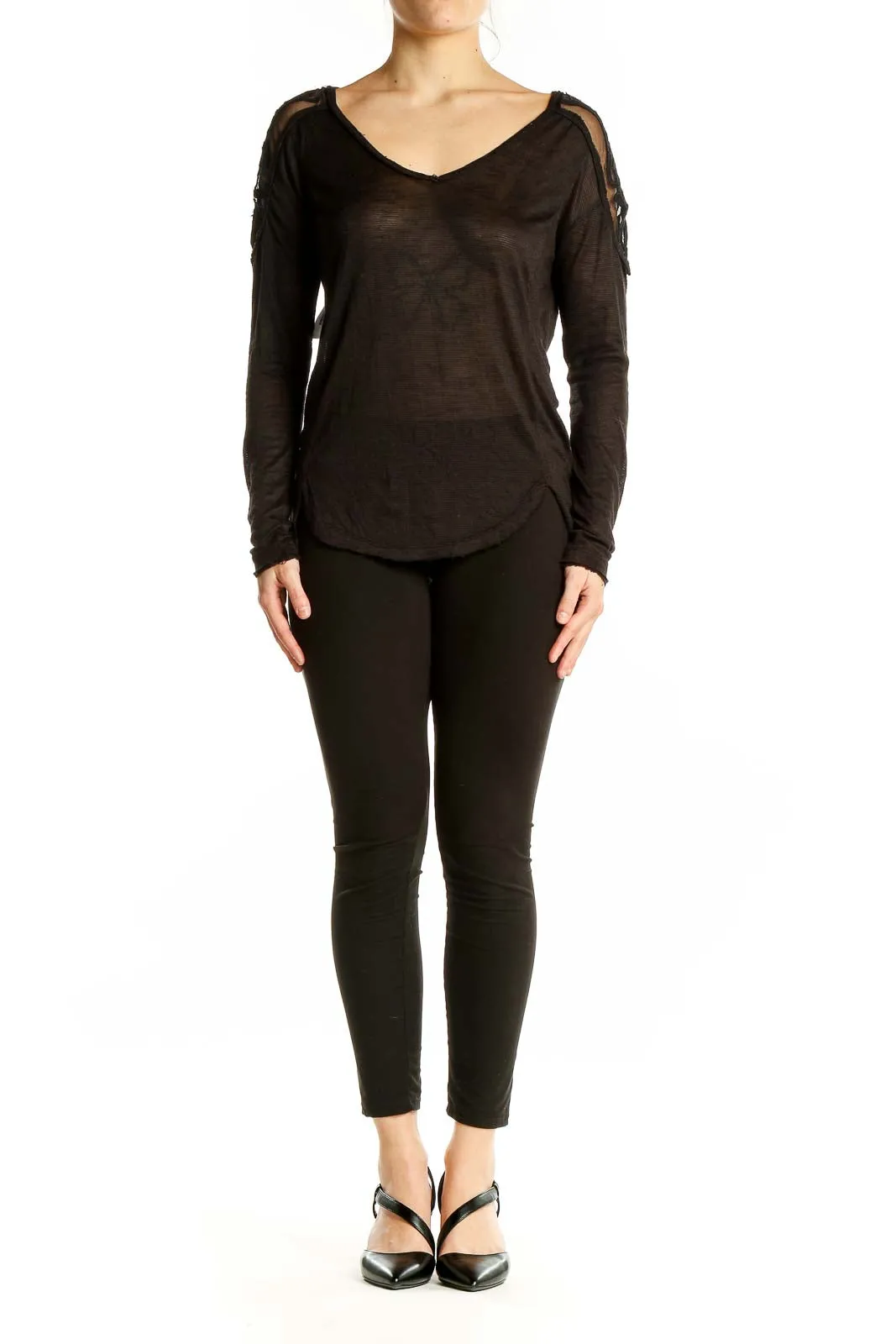 Black Sheer Long Sleeve V-Neck Top