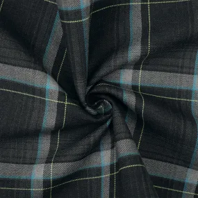 Black-Turquoise-Multi Poly-Wool Plaid Twill Suiting Woven Fabric