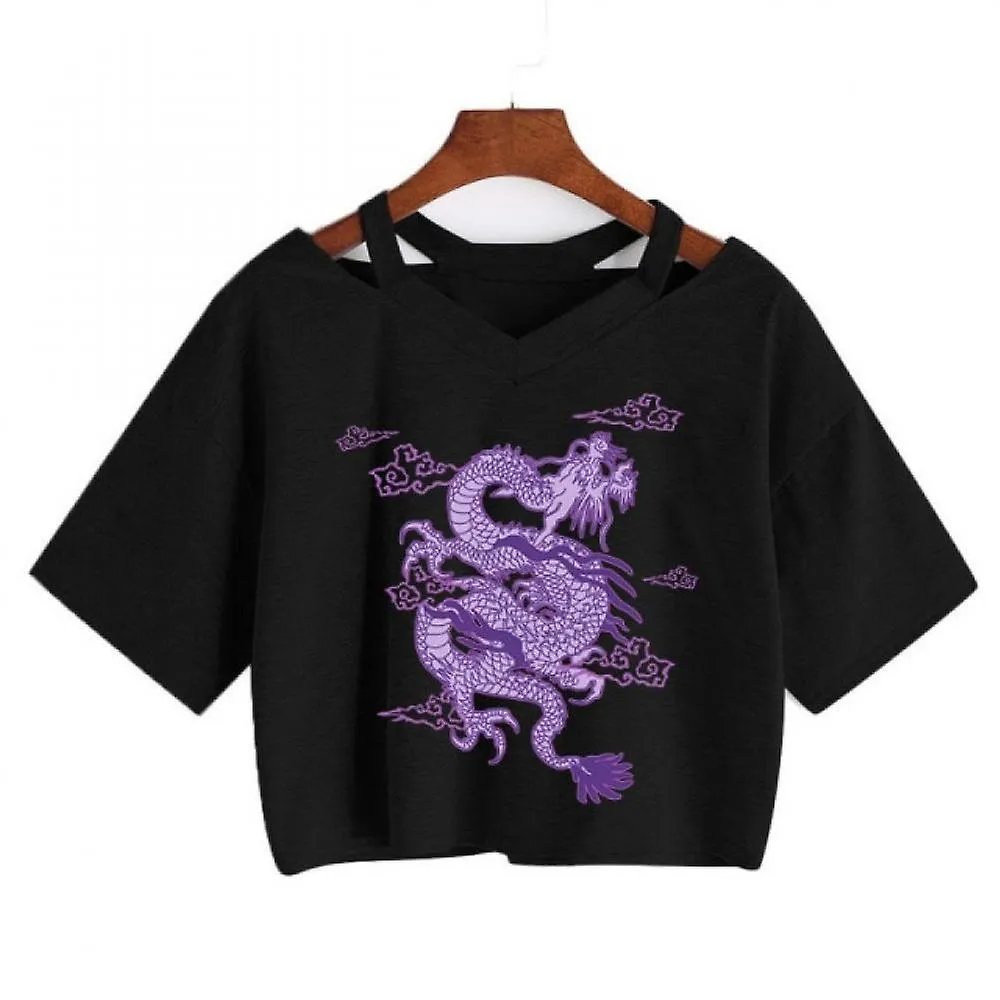 Black Woman T-shirts Harajuku Dragon Kpop Ropa Y2k Crop Tops Aesthetic Vintage Femme V-neck Tops Korean Punk Streetwear Gothic Tee