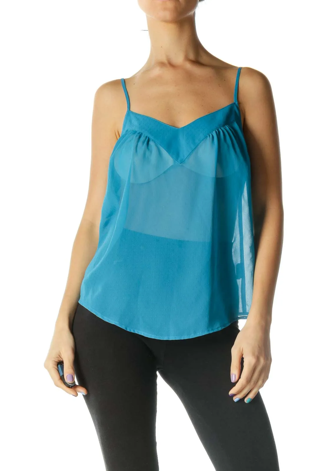 Blue See through V-neck Spaghetti Strap Blouse