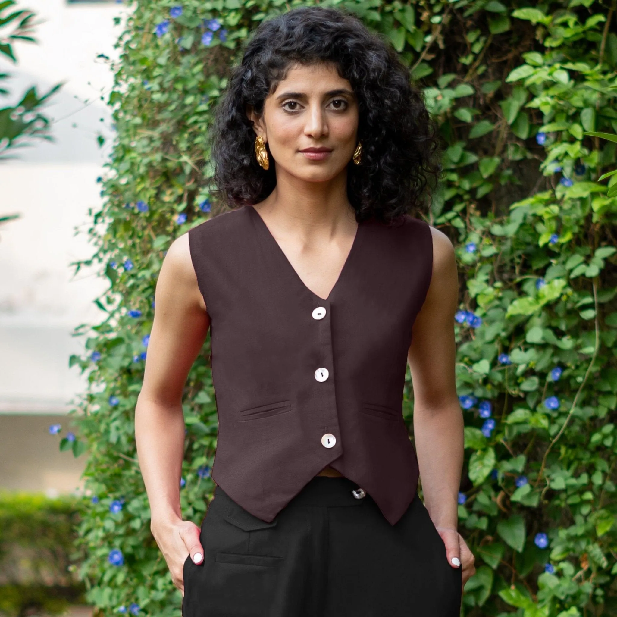 Brown Cotton Flax Button-Down V-Neck Vest