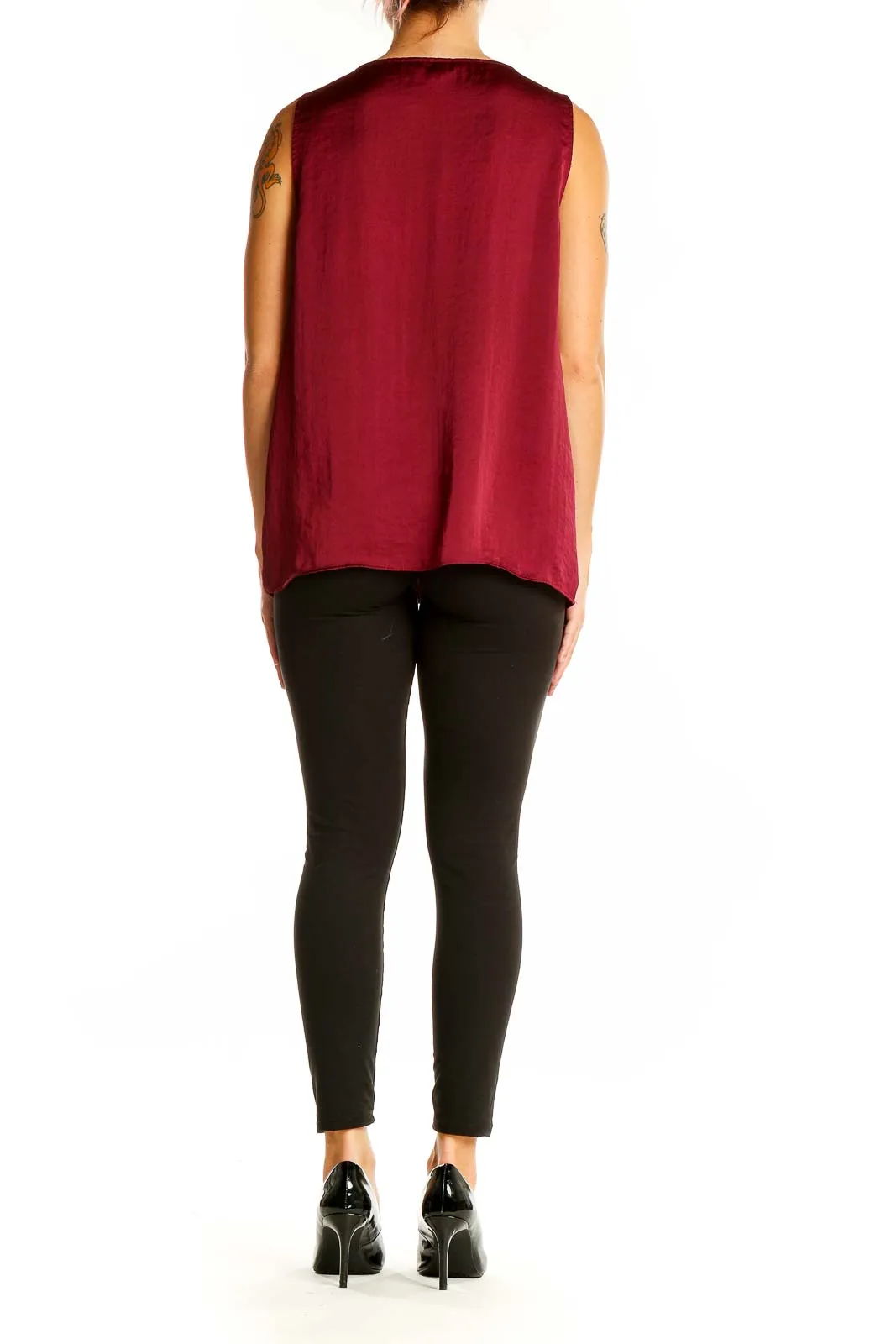 Burgundy V-Neck Sleeveless Polyester Top