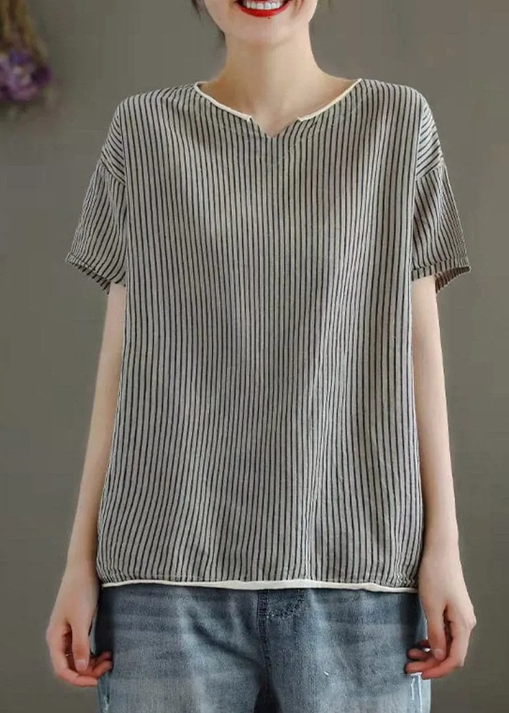 Casual Grey V Neck Striped Patchwork Linen Tank Tops Short Sleeve