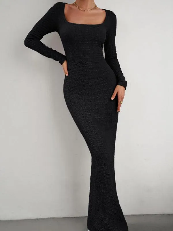 Chic Long Sleeve Square Neck Knit Dress for Women - Perfect for Any Occasion