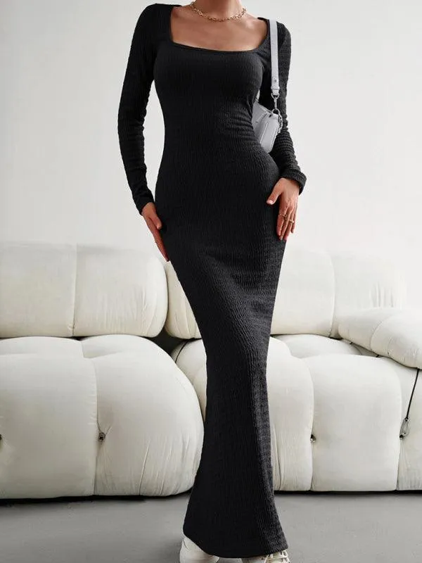 Chic Long Sleeve Square Neck Knit Dress for Women - Perfect for Any Occasion