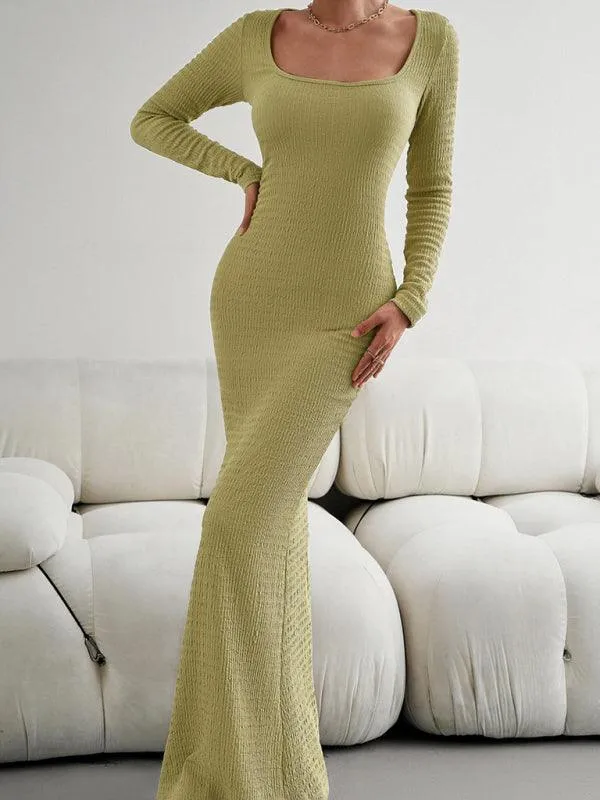 Chic Long Sleeve Square Neck Knit Dress for Women - Perfect for Any Occasion